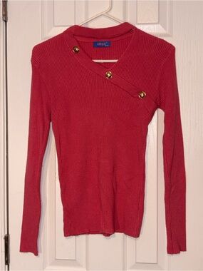 Red Ribbed Asymmetric Button Sweater